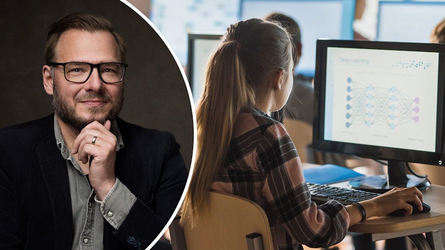 Ett porträtt av Mikael Bruér och en genrebild av en elev i ett klassrum, framför en dataskärm.