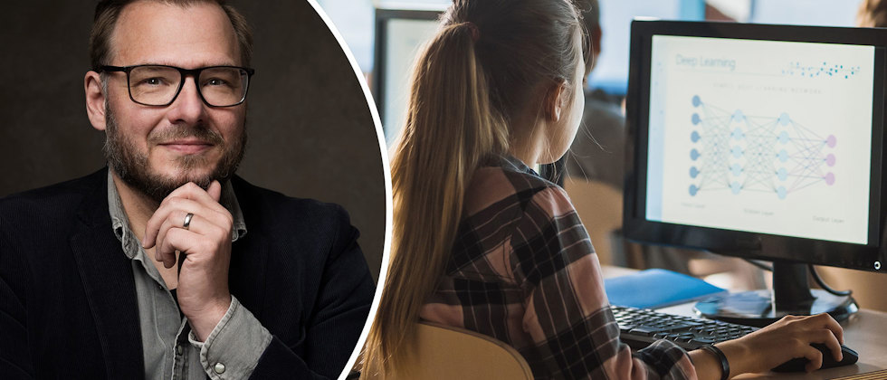 Ett porträtt av Mikael Bruér och en genrebild av en elev i ett klassrum, framför en dataskärm.