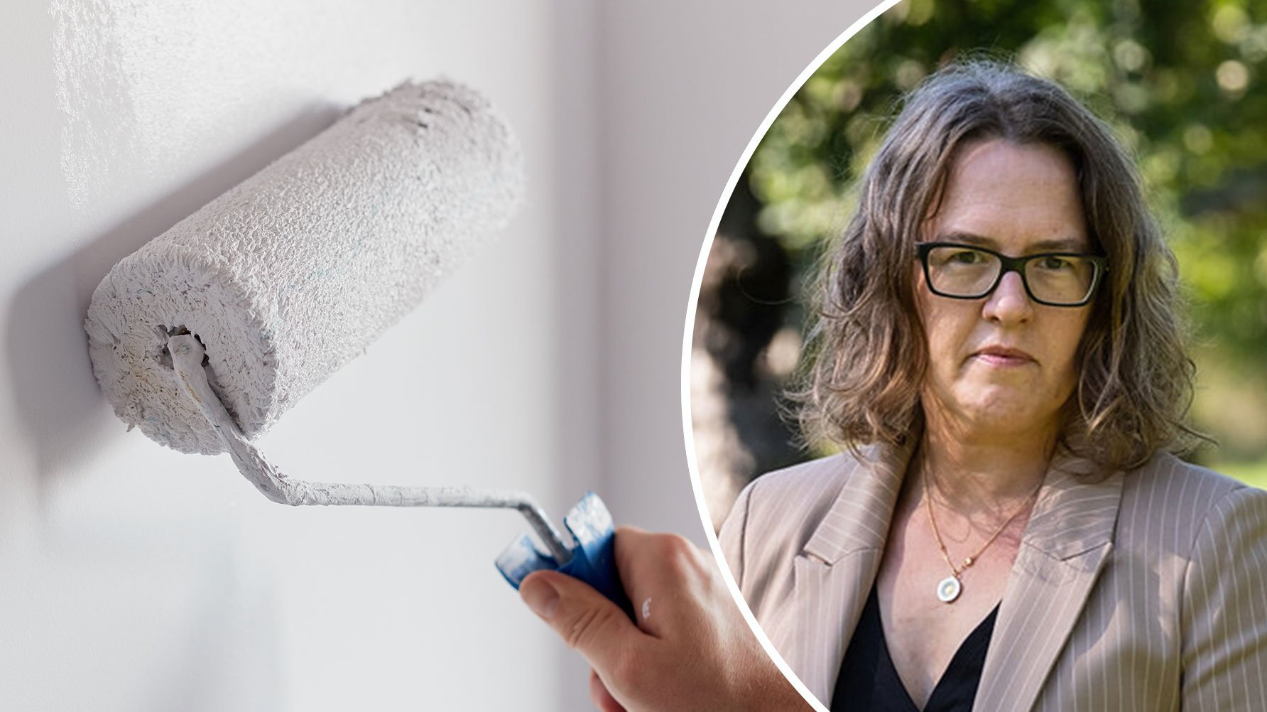 En genrebild av någon som rollar en vägg med vit färg och ett porträtt av Camilla Hansén