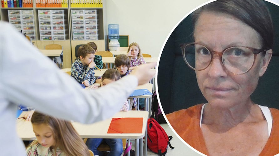 Läraren Camilla Lind och en bild på elever i ett klassrum