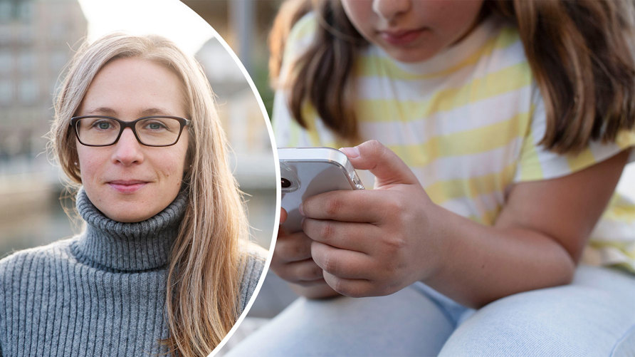 En närbild av Carolina Martinez och en genrebild av ett barn som håller en smartphone