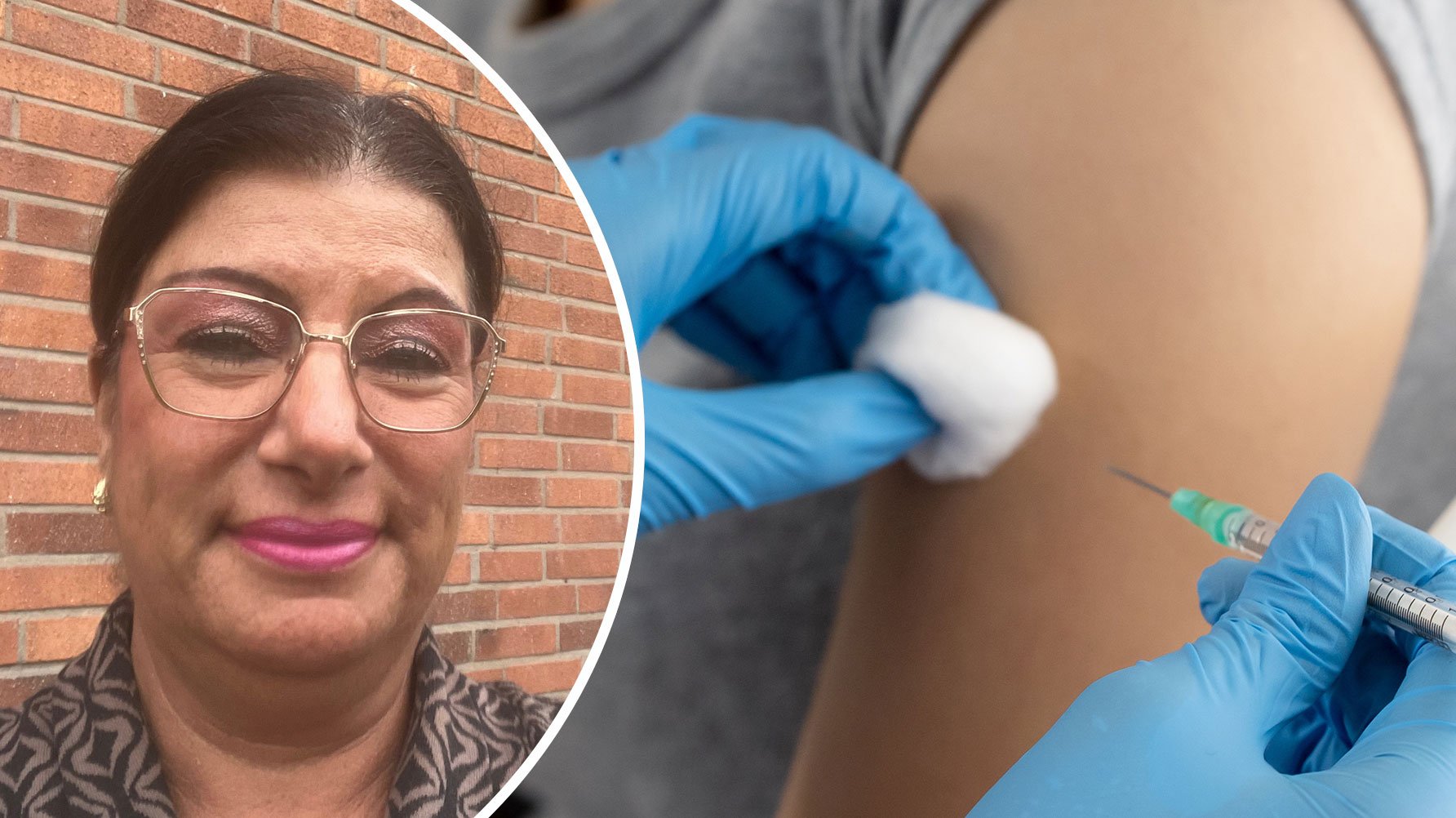 Ett porträtt av Catharina Gelin och en genrebild med en närbild av en arm som får en injektion