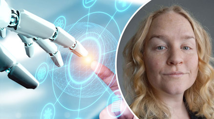 En genrebild av AI, en robothand vars finger nuddar en människas hand, och ett porträtt av Cecilia Wemgård
