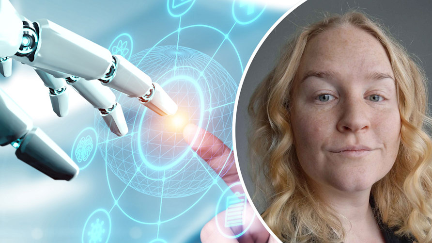 En genrebild av AI, en robothand vars finger nuddar en människas hand, och ett porträtt av Cecilia Wemgård