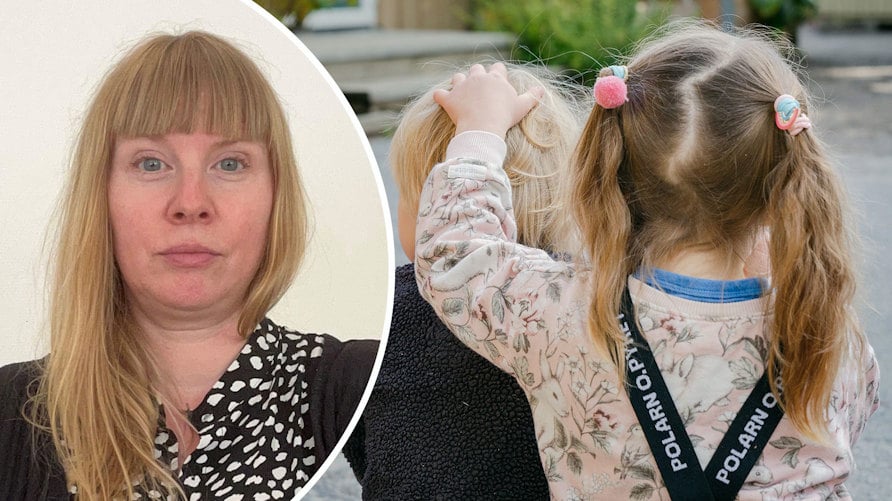 Ett porträtt av Charlotta Schulman och en genrebild av två barn i förskoleåldern, fotograferade bakifrån, det ena barnet har armen om det andras nacke