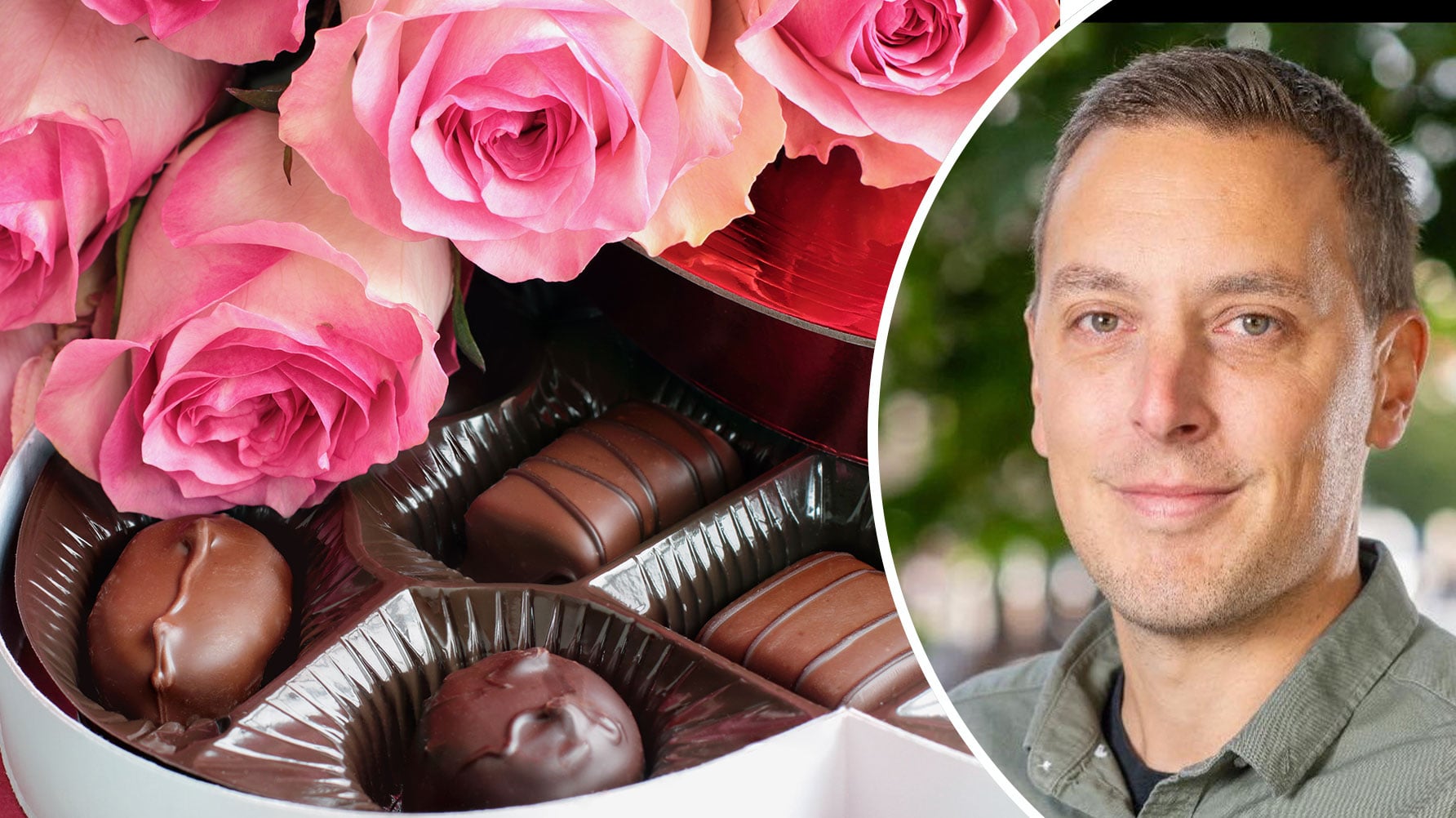 En genrebild av en chokladask och rosa rosor och ett porträtt av Erik Liljenskog, infälld i en rund ram till höger.