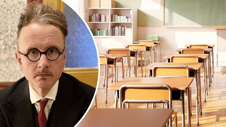 Ett porträtt av Christian Liljeros och en genrebild av bänkrader i ett tomt klassrum
