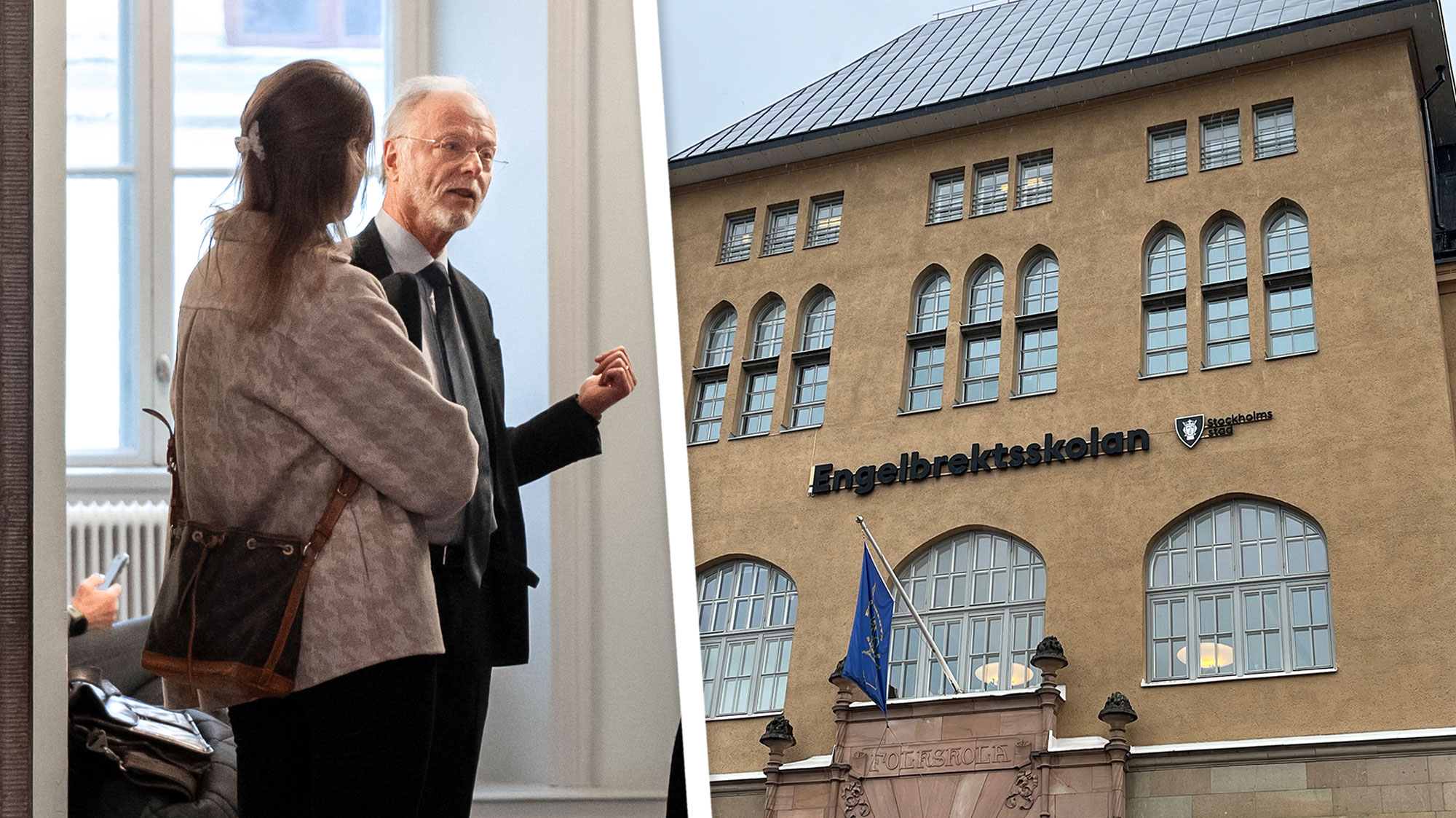 Ett fotografi av Peter Danowsky som pratar med okänd person som bara syns bakifrån, och ett foto av Engelbrektsskolan