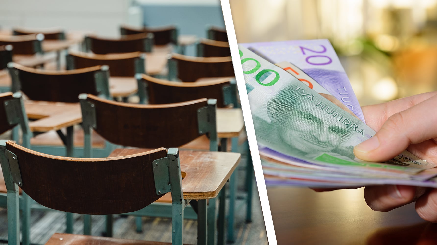 Två genrebilder delade med ett snedställt streck: Till vänster ett klassrum, till höger en hand som håller en bunt svenska sedlar 