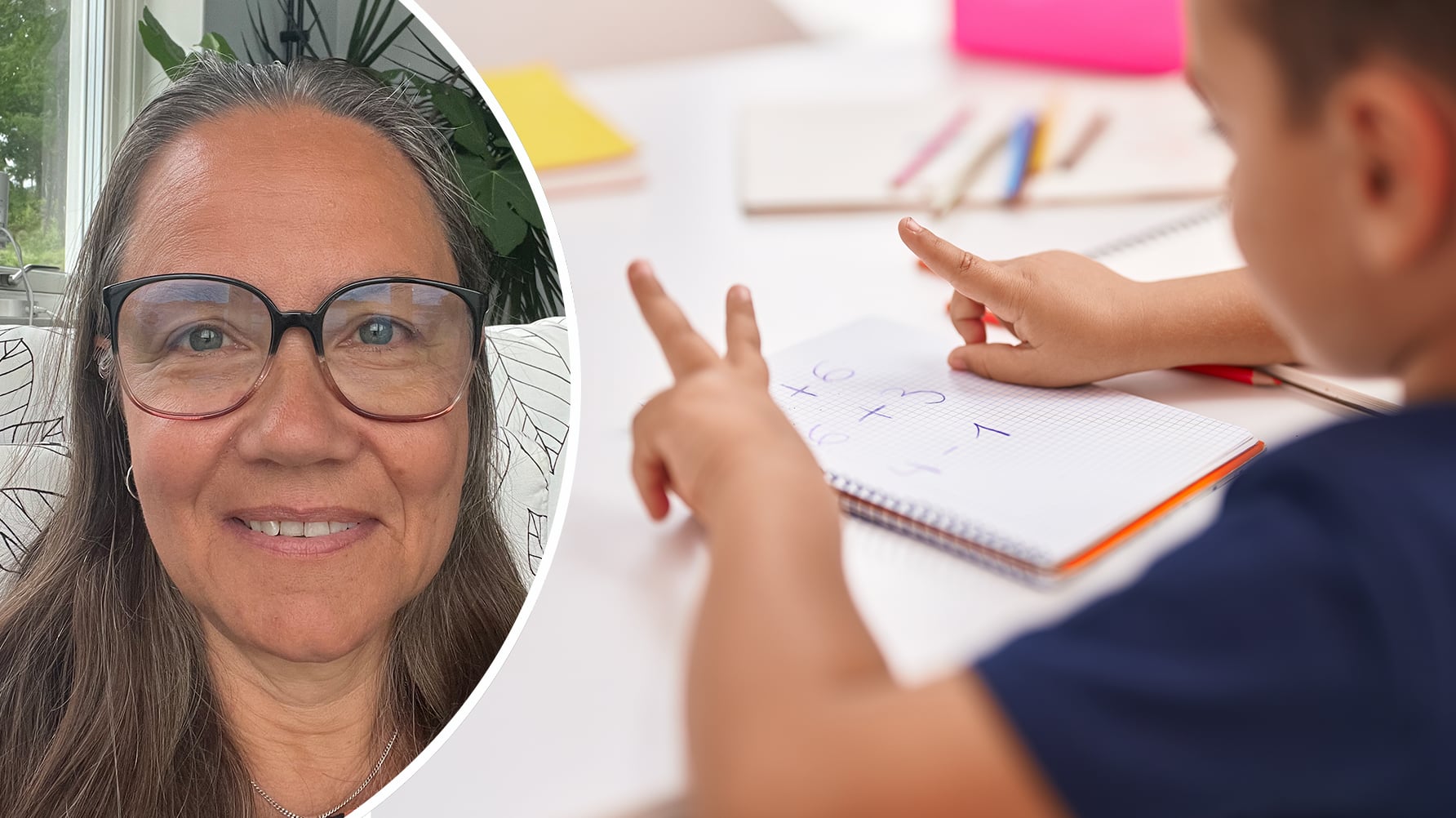 Till vänster ett porträtt av Elisabeth Allmér i rundad ram, till höger en genrebild av ett barn i lågstadieåldern som räknar på fingrarna
