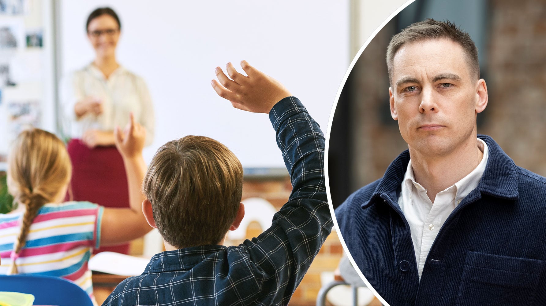 En genrebild av ett klassrum, en lärare i bakgrunden i oskärpa, en elev som räcker upp handen. Till höger en infällld rund bild av Christoffer Hökmark