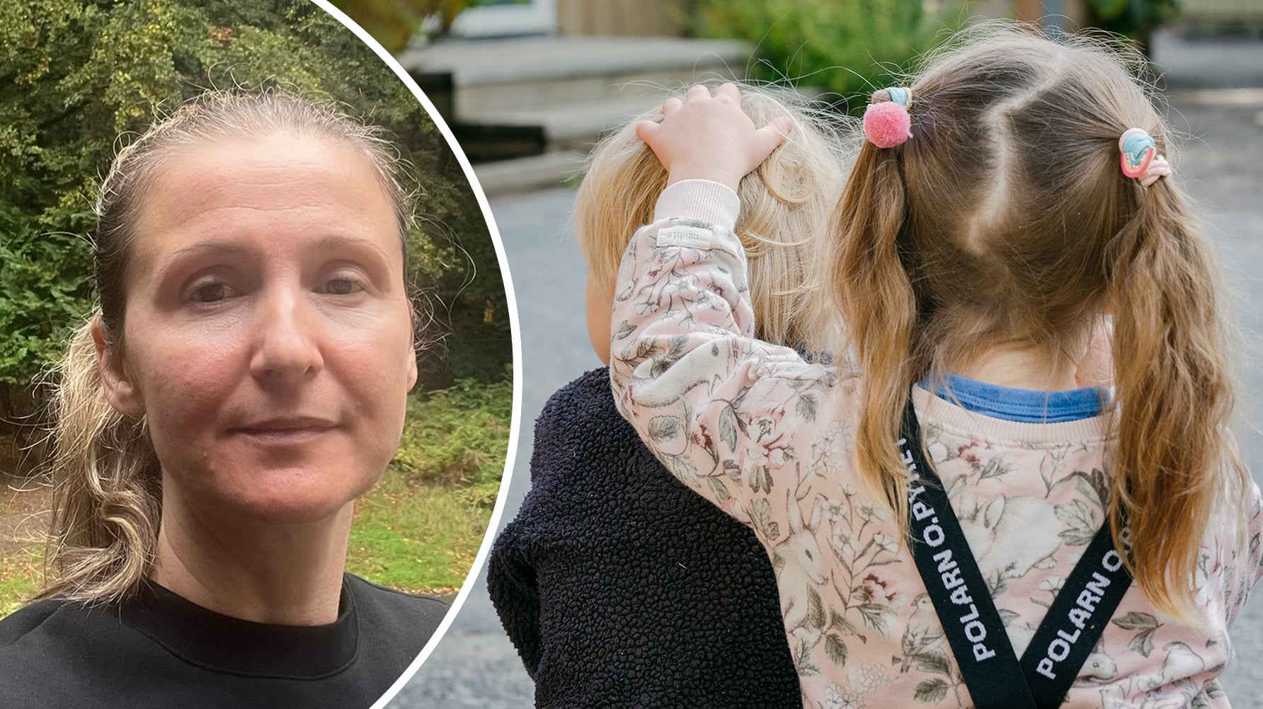 Till vänster en rundad porträttbild av Almira Ramic, till höger en genrebild av två barn i galonisar som sitter ned, fotograferade bakifrån