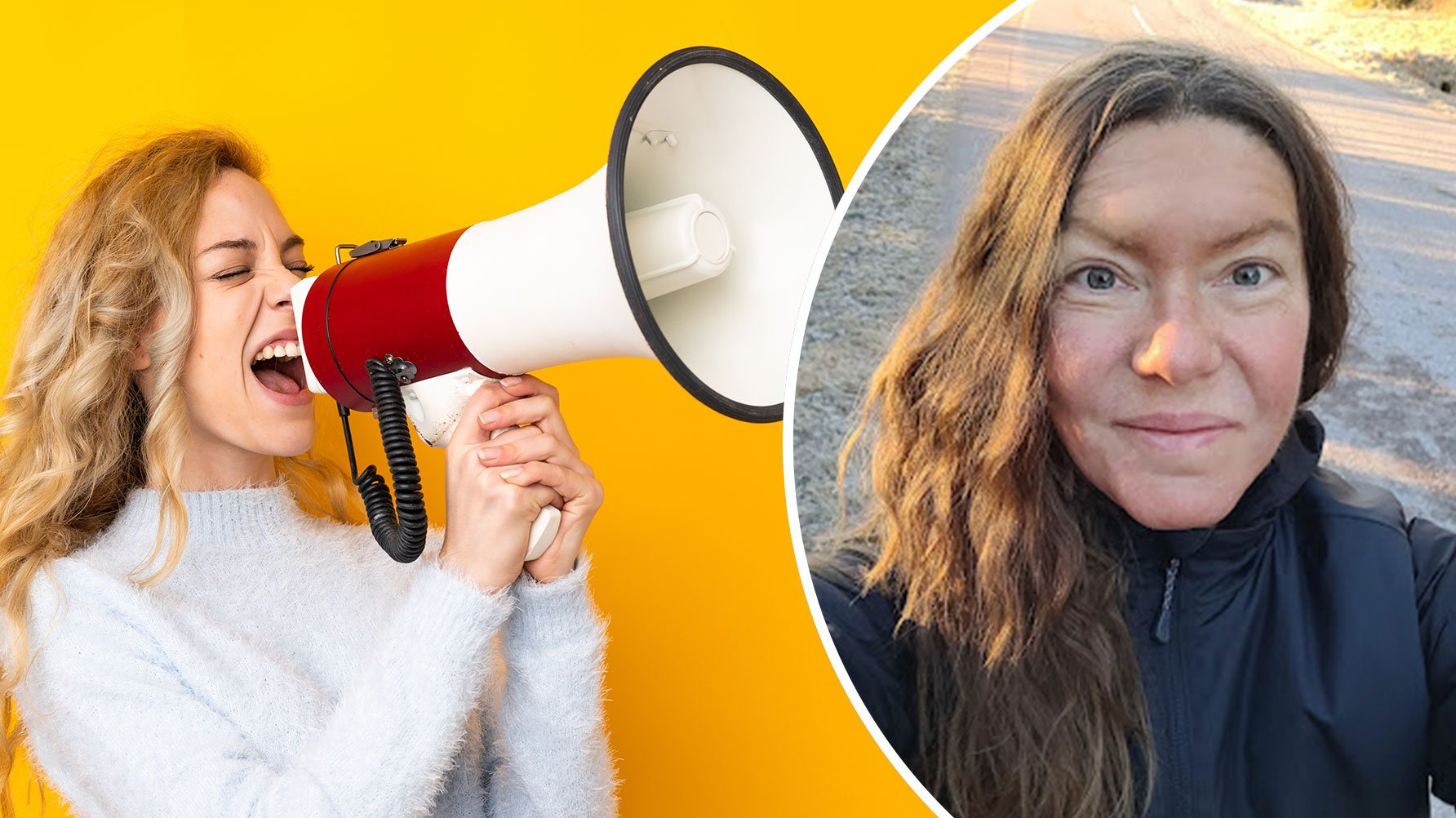En genrebild av en kvinna som skriker i en megafon och ett porträtt av Anna Lena Oscarson