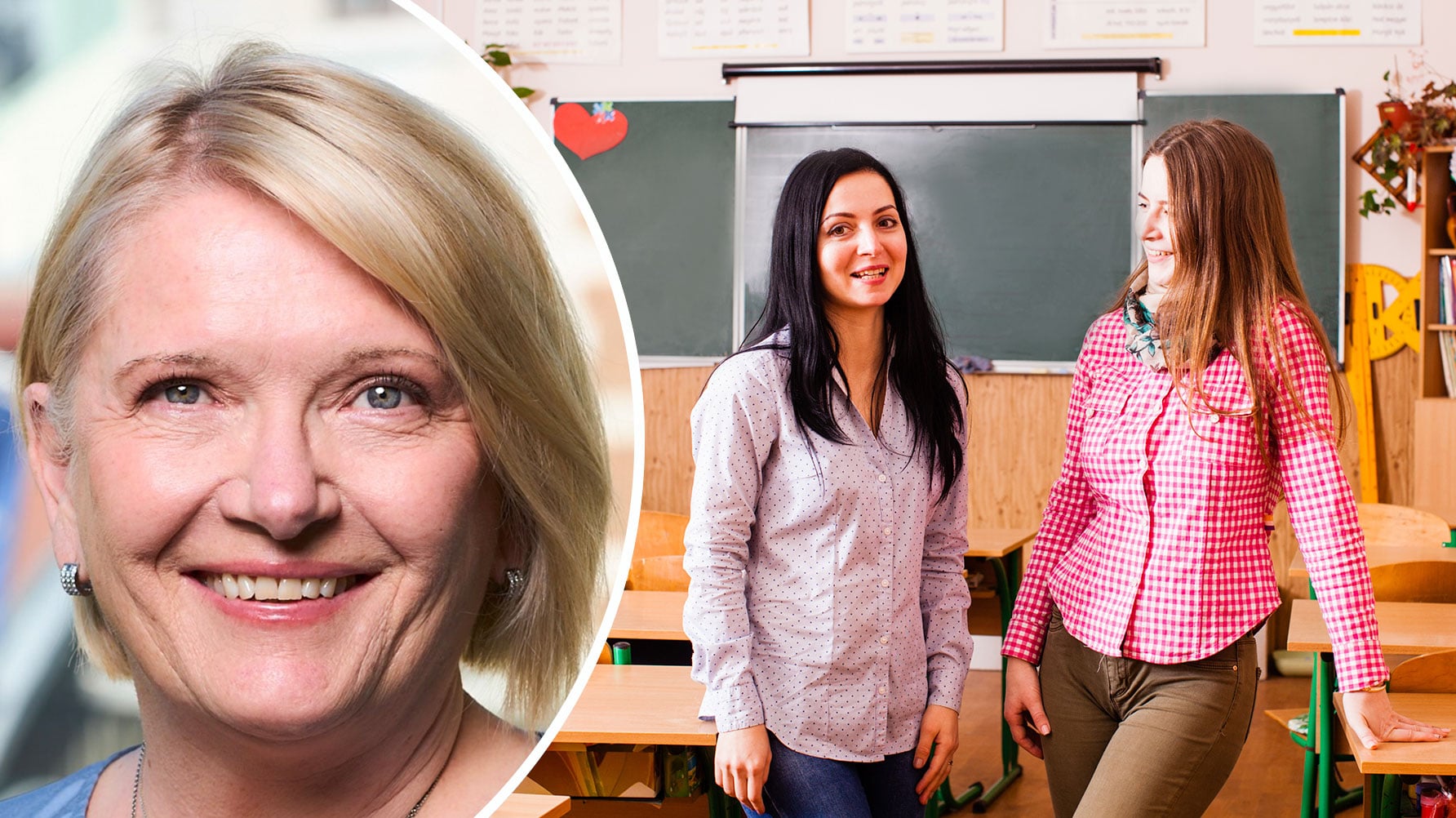 Till vänster ett porträtt av Charlotte Arkenback-Sundström i rundad ram, till höger en genrebild av två lärare i ett klassrum