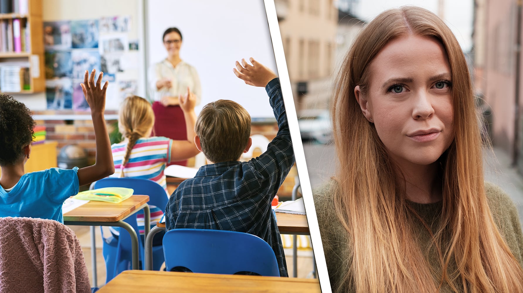 En genrebild från en lektion, en lärare framme vid tavlan, en klass med elever som räcker upp handen, bilden är oskarp, till höger ett porträtt av Emma Arvidsson
