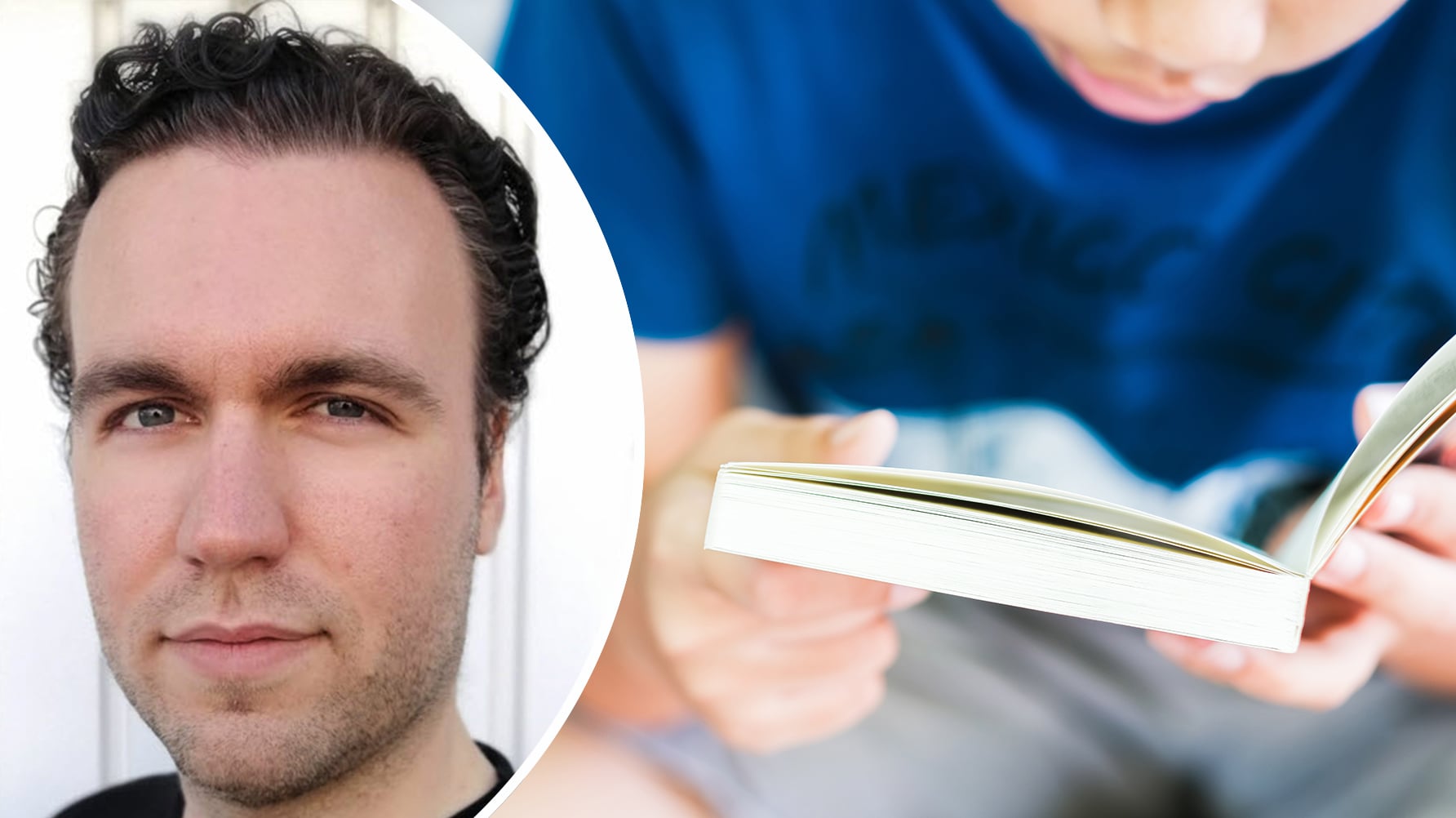 En genrebild av ett barn i närbild som sitter försjunken i en bok. Till vänster i bilden ett runt infällt porträtt av Axel Ekström