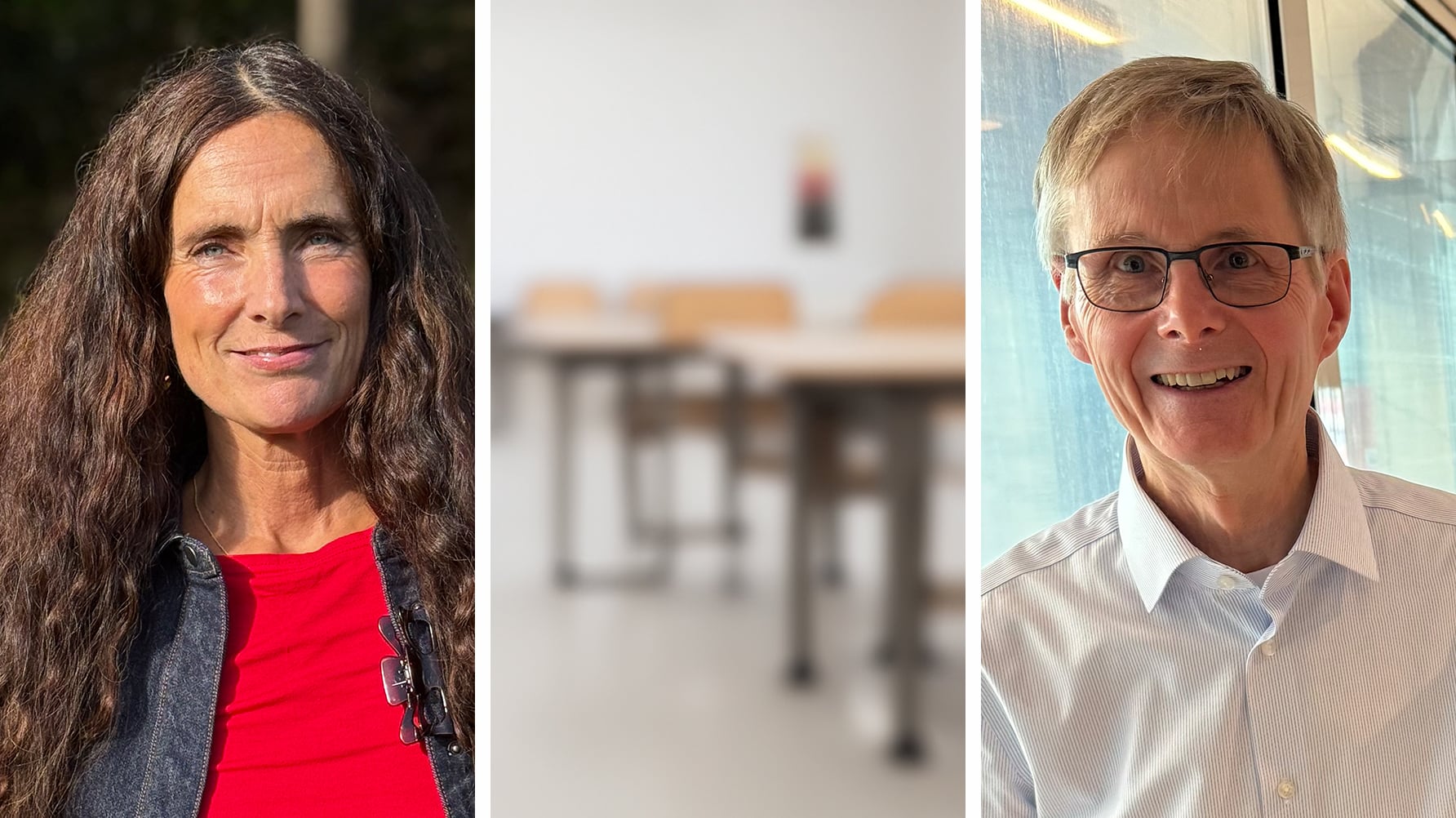 En tredelad bild, till vänster ett porträtt av Sara Philipson, i mitten en genrebild av ett tomt klassrum, till höger en bild av Fredrik Gunterberg