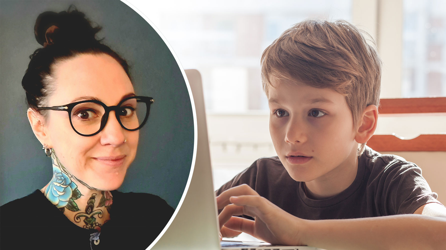 En genrebild av en ung pojke framför en dator, och infällt till vänster i en rund bild, ett porträtt av Anna Fitzgerald.
