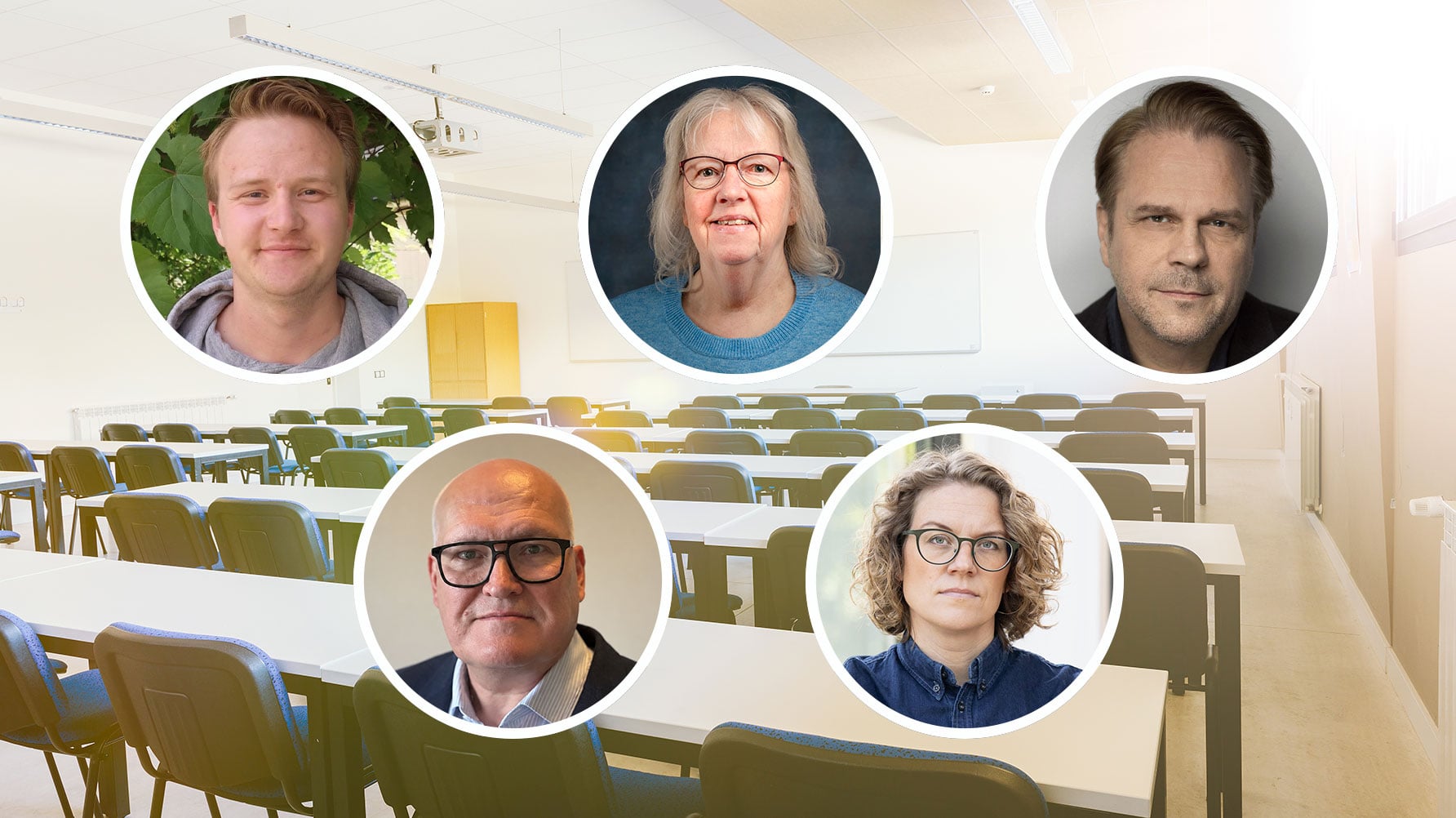 En genrebild på ett tomt klassrum, med fem porträtt infällda i runda ramar. Övre raden från vänster: Albert Telon, Lilian Larsson, Eric Donell. Undre raden: Anders Abrahamsson, Kerstin Wiström