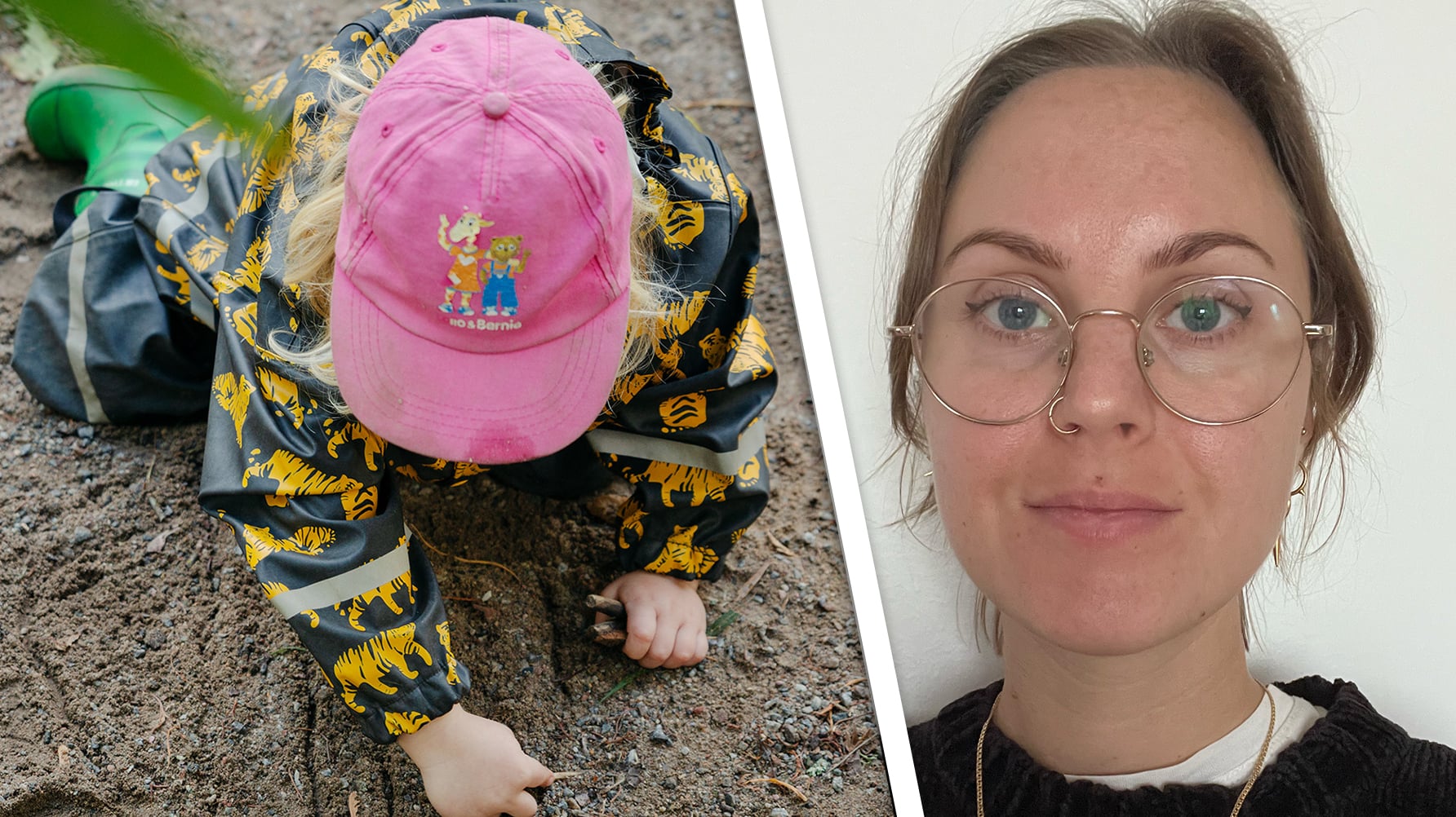 En genrebild av ett barn i rosa keps och färglada regnkläder som leker i sanden och ett porträtt till höger av Camilla Hjort