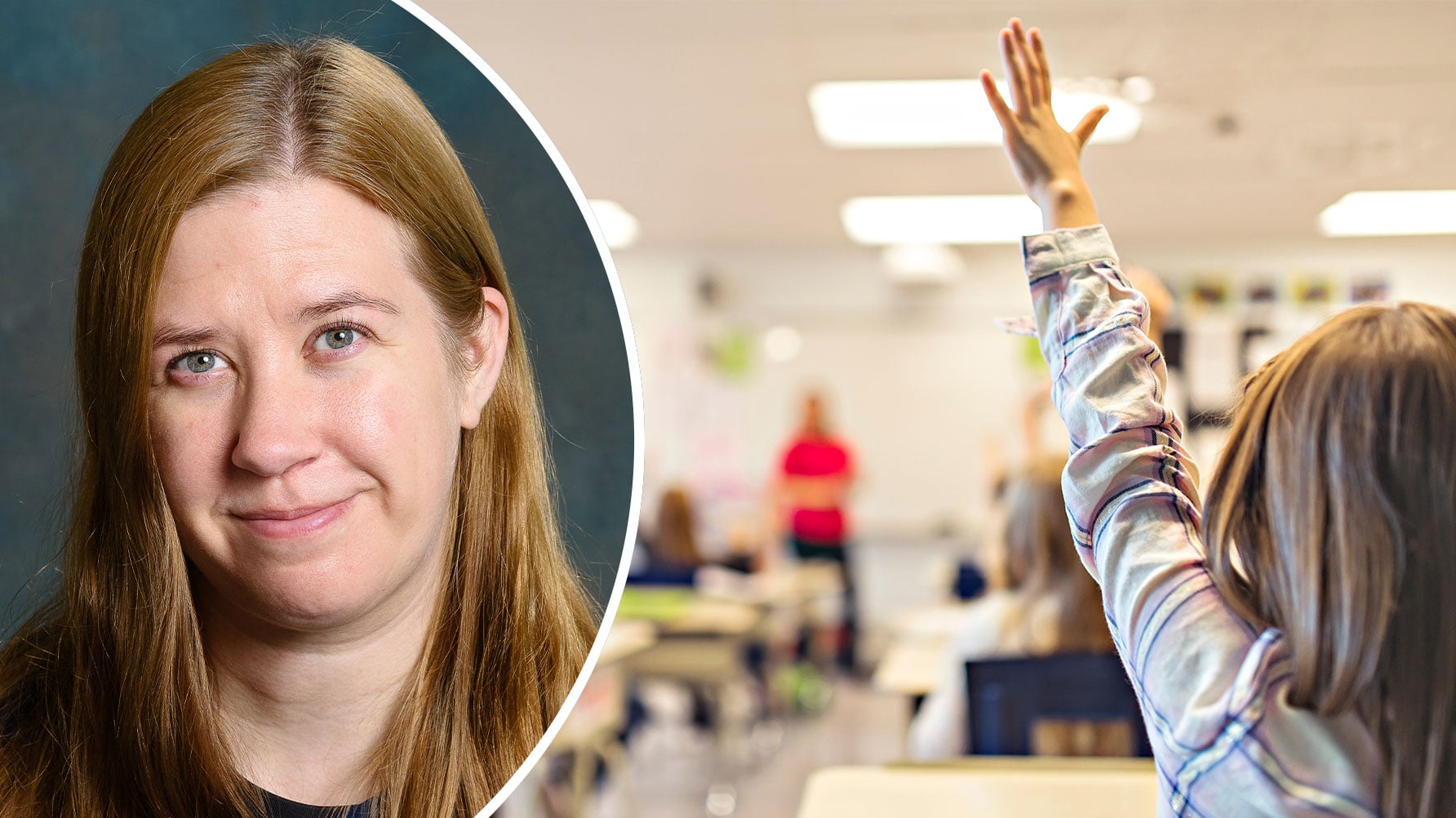 Ett porträtt av Susanne Moe i rundad infälld ram till vänster, till höger en genrebild av ett klassrum med ett barn som räcker upp handen och en lärare framme vid tavlan.