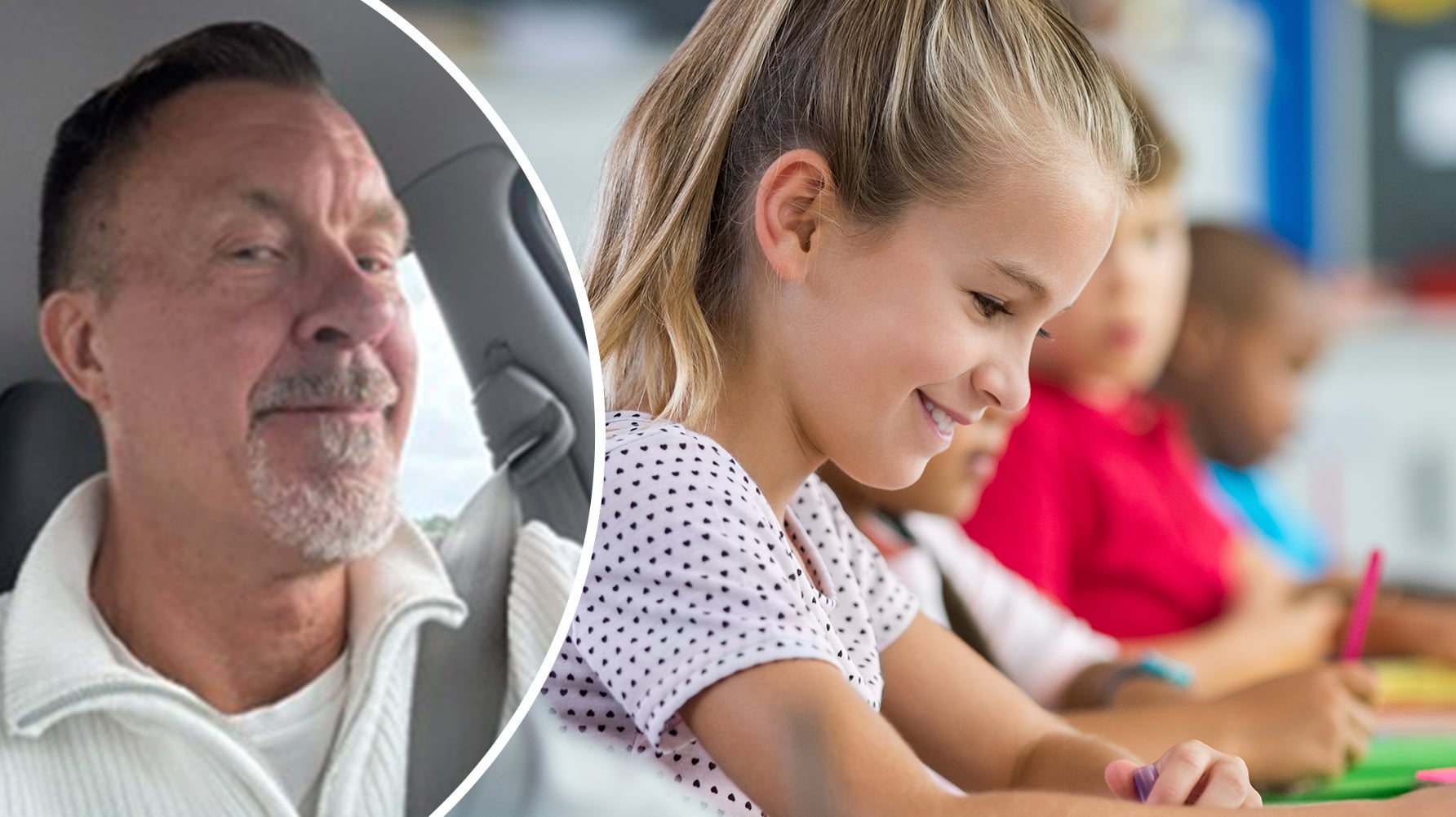 Till vänster en selfie av Peter Lenngård i rundad ram, till höger en genrebild av en flicka som sitter och ritar omgiven av andra barn.