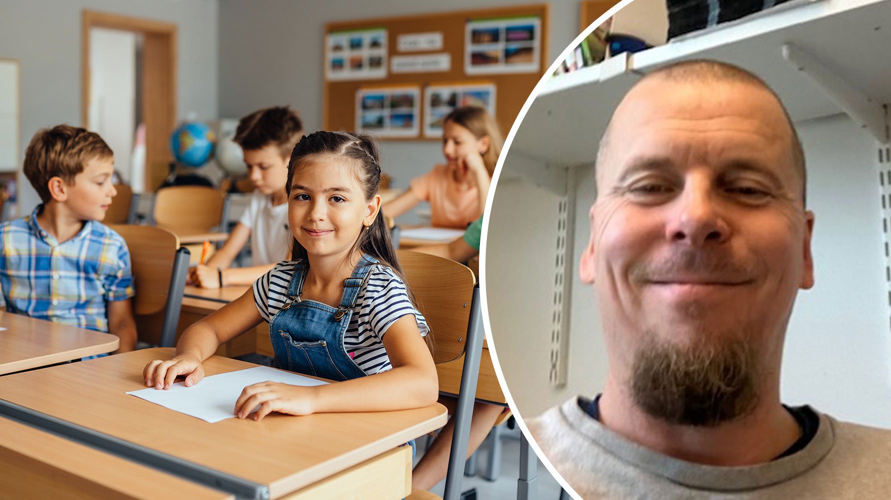 En genrebild av elever i ett klassrum och ett porträtt av Jonas Qvist