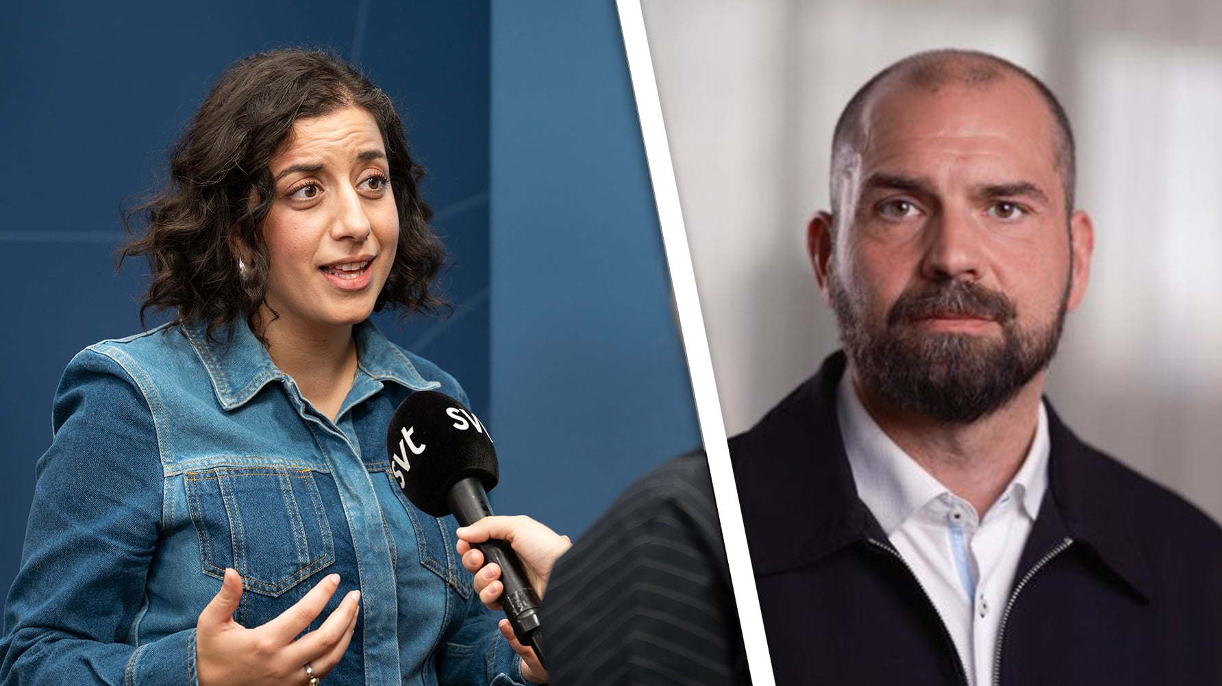 Ett porträtt av Simona Mohamsson, till höger ett porträtt av Jonas Wallin