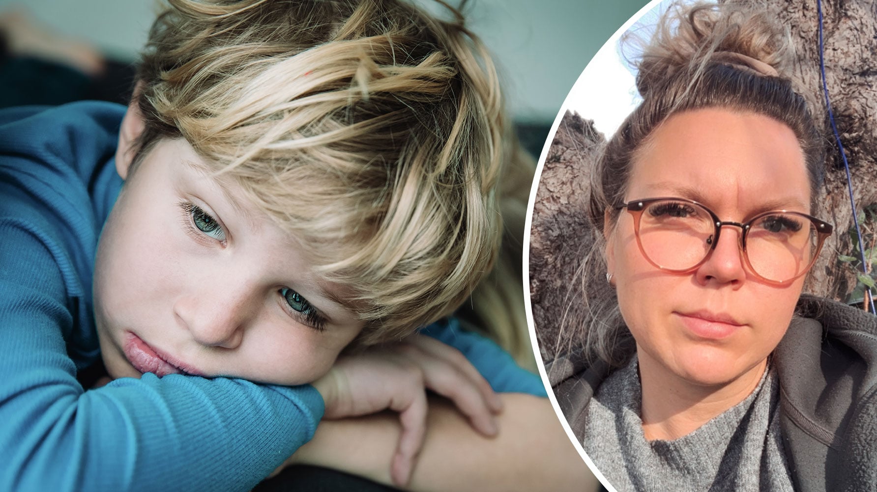 En genrebild av en pojke i förskoleåldern till vänster, till höger ett rundat porträtt av Elinor Keiriö Östlin