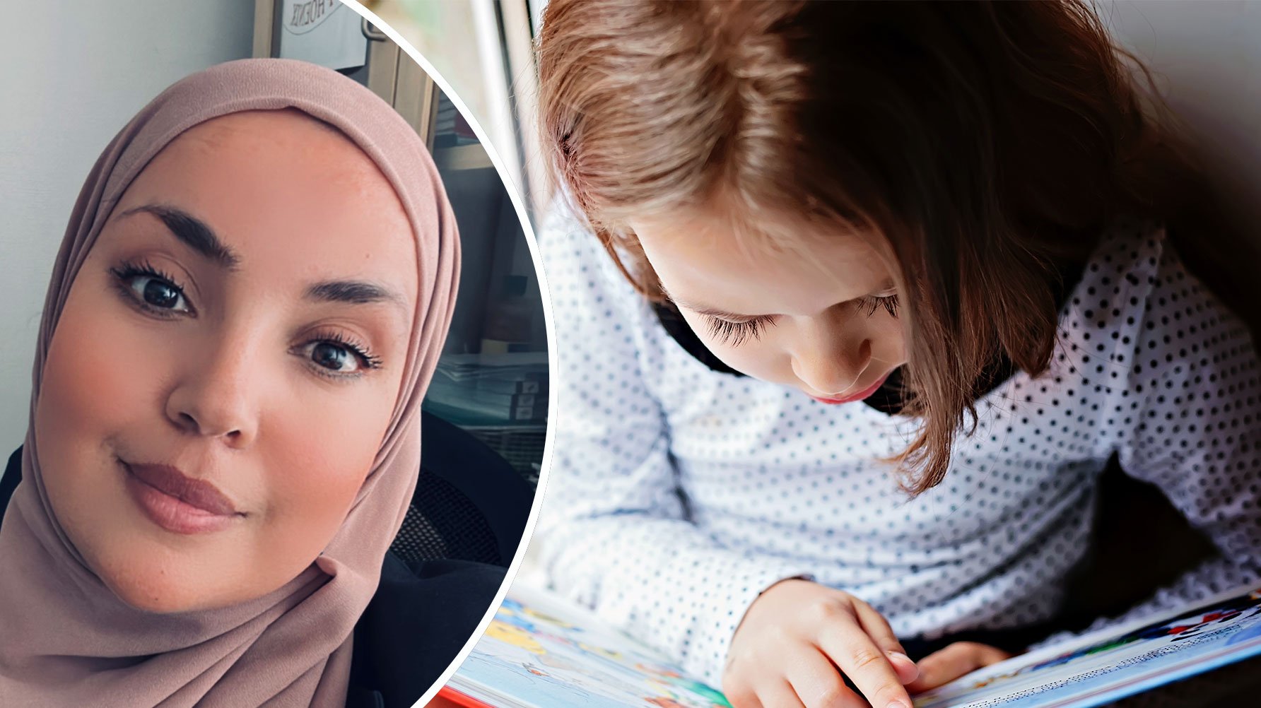 Ett runt porträtt av Keltoum Bentaher Oulehri och en genrebild av ett barn i femårsåldern, i djup koncentration över en bok.