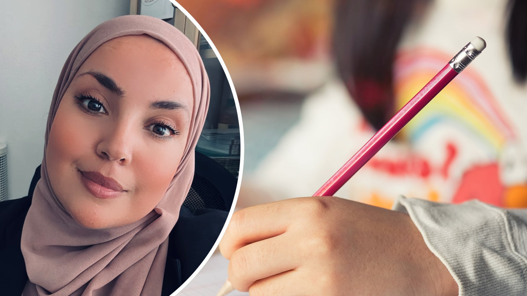 Ett porträtt av Keltoum Oulehri till vänster, till höger en genrebild av ett barn som skriver 