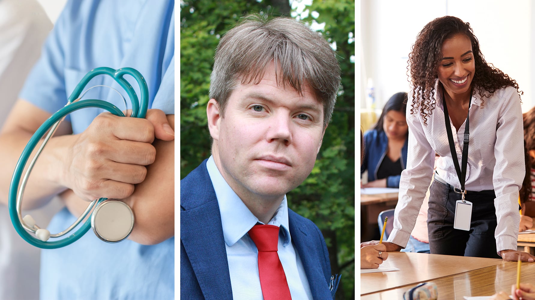 En tredelad bild: Till vänster en genrebild på en blåklädd person som håller ett stetoskop, i mitten ett porträtt av Patrik Andersson, till höger en genrebild av en lärare som står mitt i klassrummet under lektion