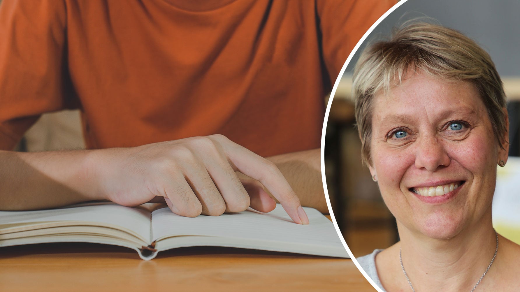 En genrebild av en person i orange tröja, en bok ligger uppslagen på bänken framför. Till höger i rundad ram ett porträtt av Anna Nissen