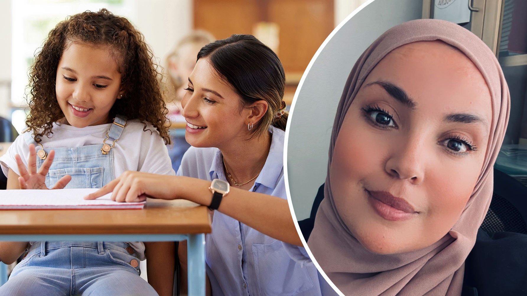 En genrebild av en lärare som sitter bredvid en elev som har en bok uppslagen framför sig på bänken och ett porträtt av Keltoum Bentaher Oulehri.