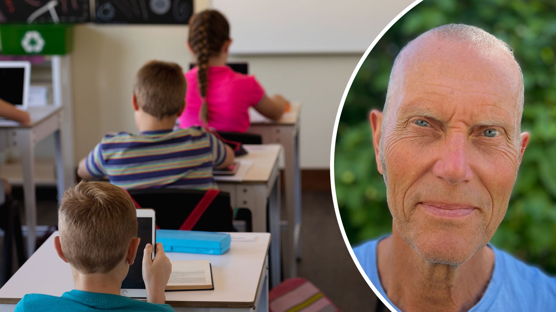 En genrebild av elever i ett klassrum och till höger ett runt, infällt porträtt av Magnus Mossberg