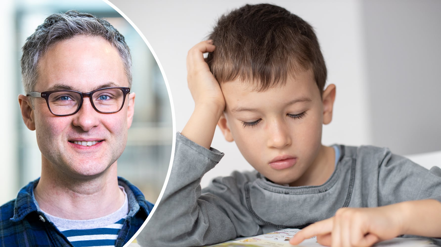 Ett porträtt av Magnus Svensson till vänster i rundad ram, till höger en genrebild av en pojke i mellanstadieåldern som läser en bok