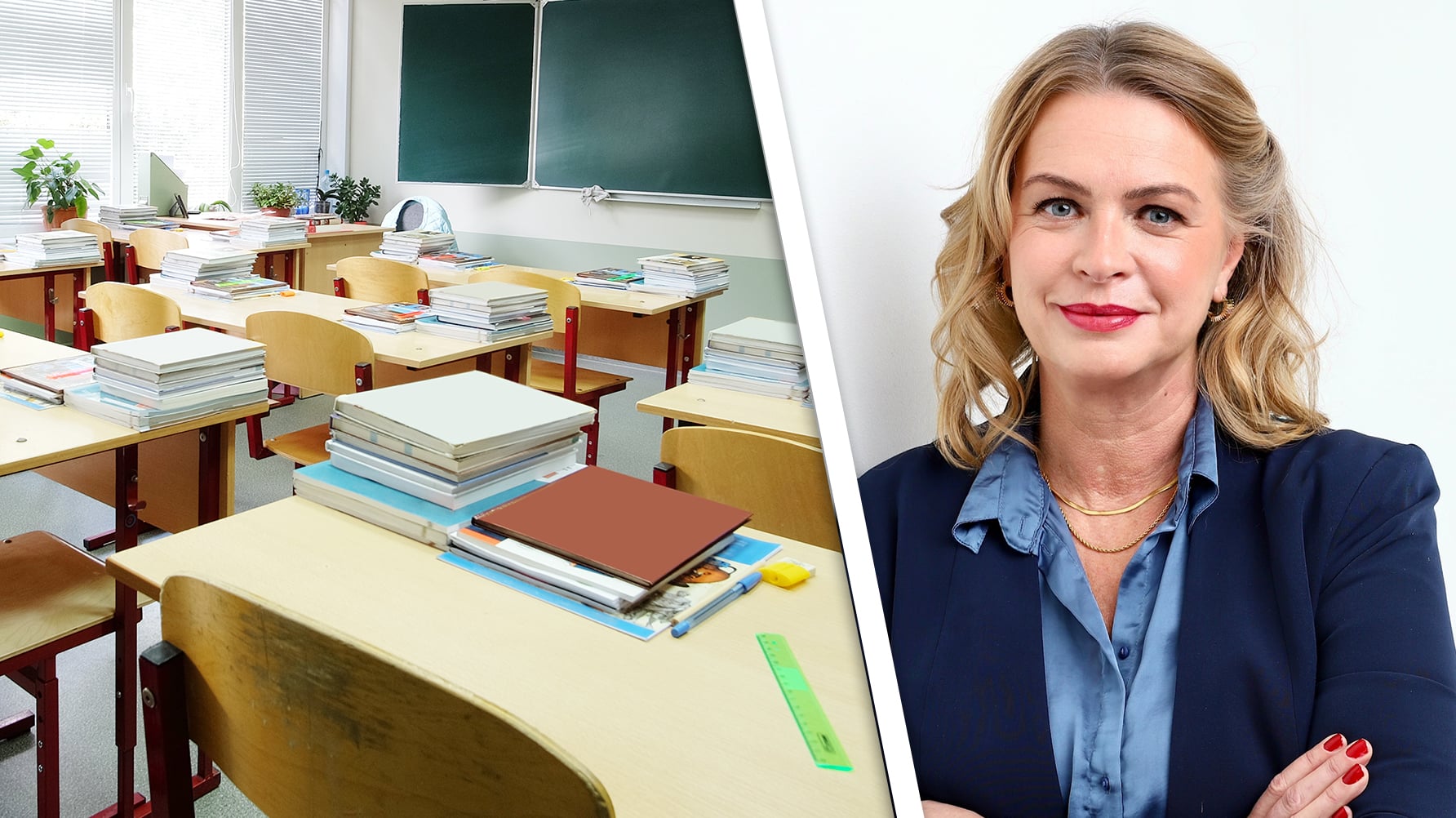 Bilden är delad i två med ett tjockt, diagonalt streck. Till vänster om strecket en genrebild av ett tomt klassrum, till höger ett porträtt av Maja Westerlund