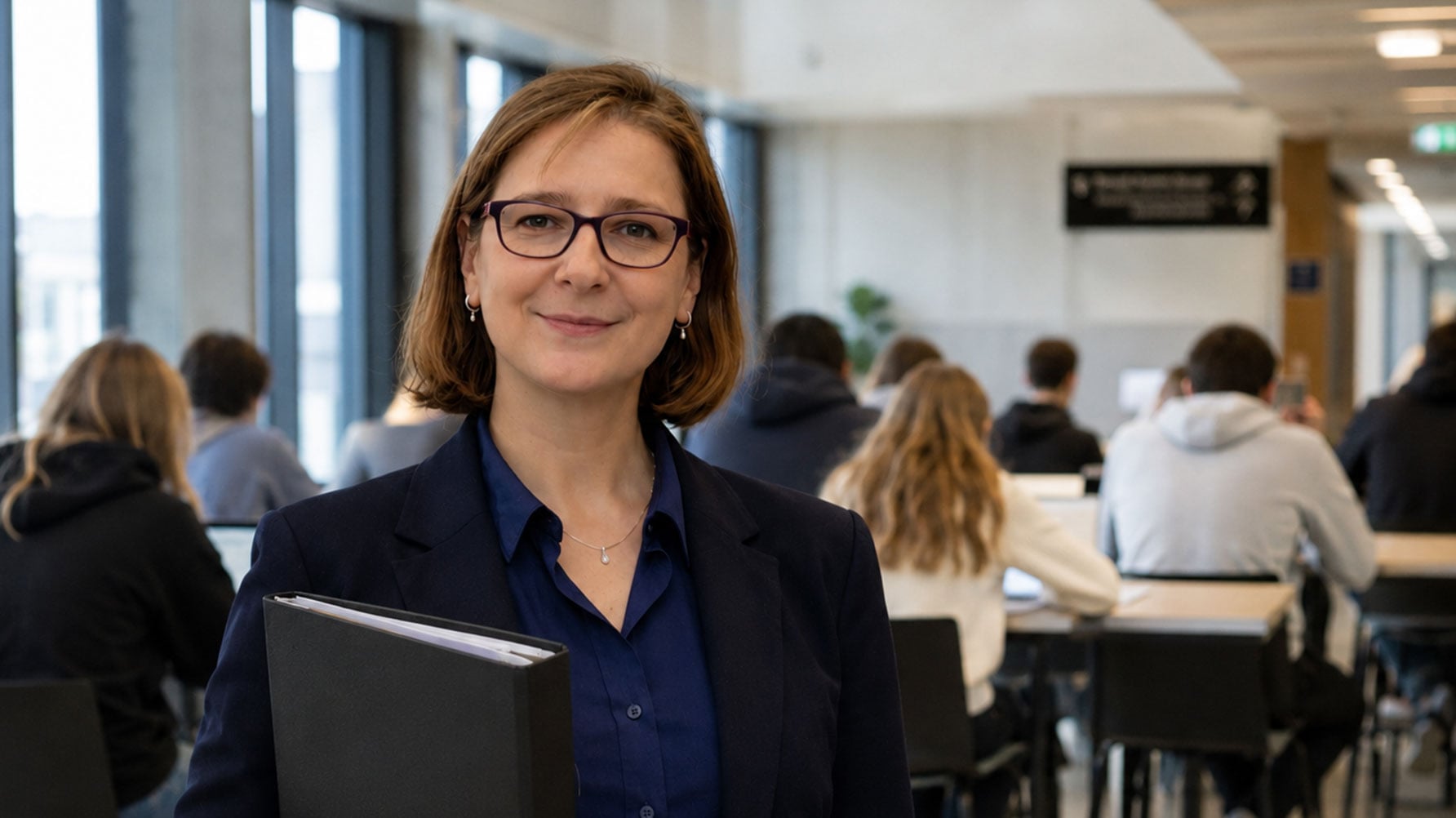 Ett porträtt av Maryam Barkadehi i tentasalen, i bakgrunden studenter som arbetar.