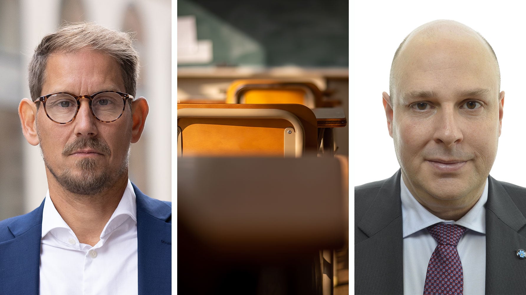 En tredelad bild: Till vänster Niels Paarup-Petersen, i mitten en genrebild av ett tomt klassrum med bänkar och stolar, till höger Patrick Reslow