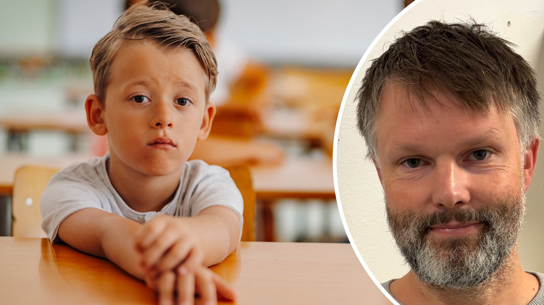 En genrebild av en ensam elev i klassrummet och till höger i rund infälld ram ett porträtt av Per Lidman
