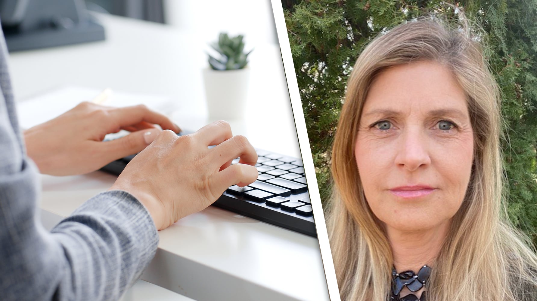 Till vänster en bild av en person som skriver på ett tangentbord, man ser bara händerna, och till höger ett porträtt av Elisabeth Sandstedt