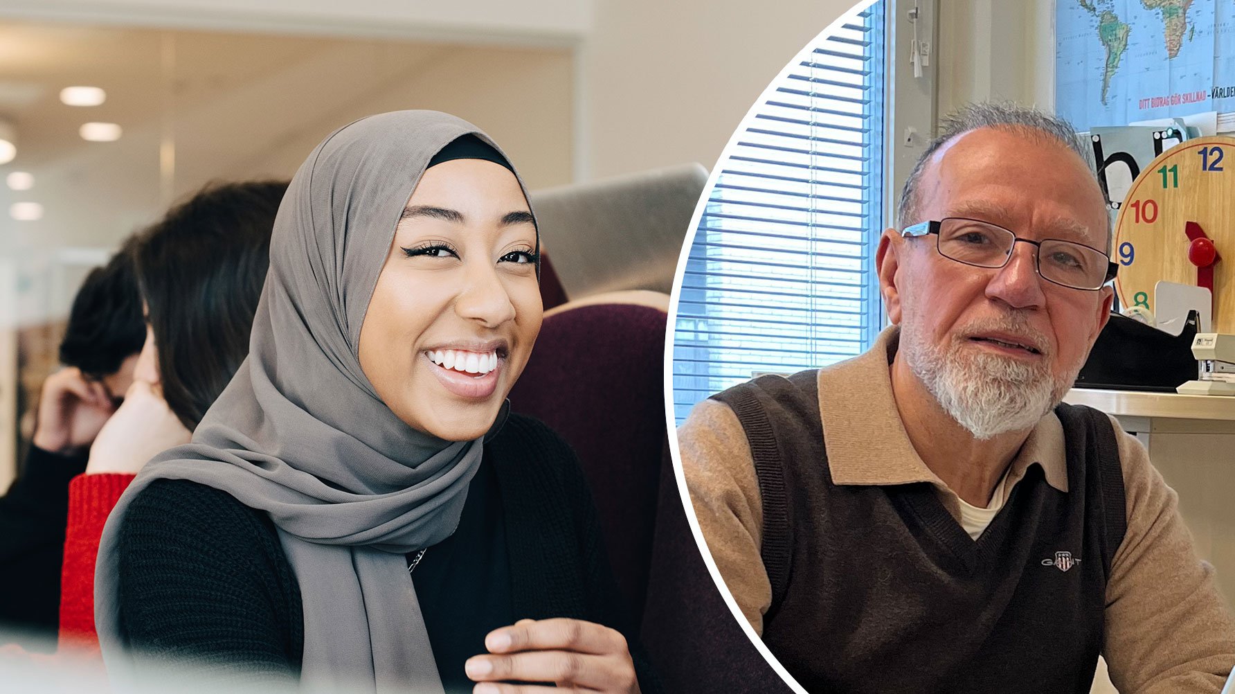 En genrebild av en leende ung kvinna i hijab och ett porträtt av Ari Nouri i sitt arbetsrum