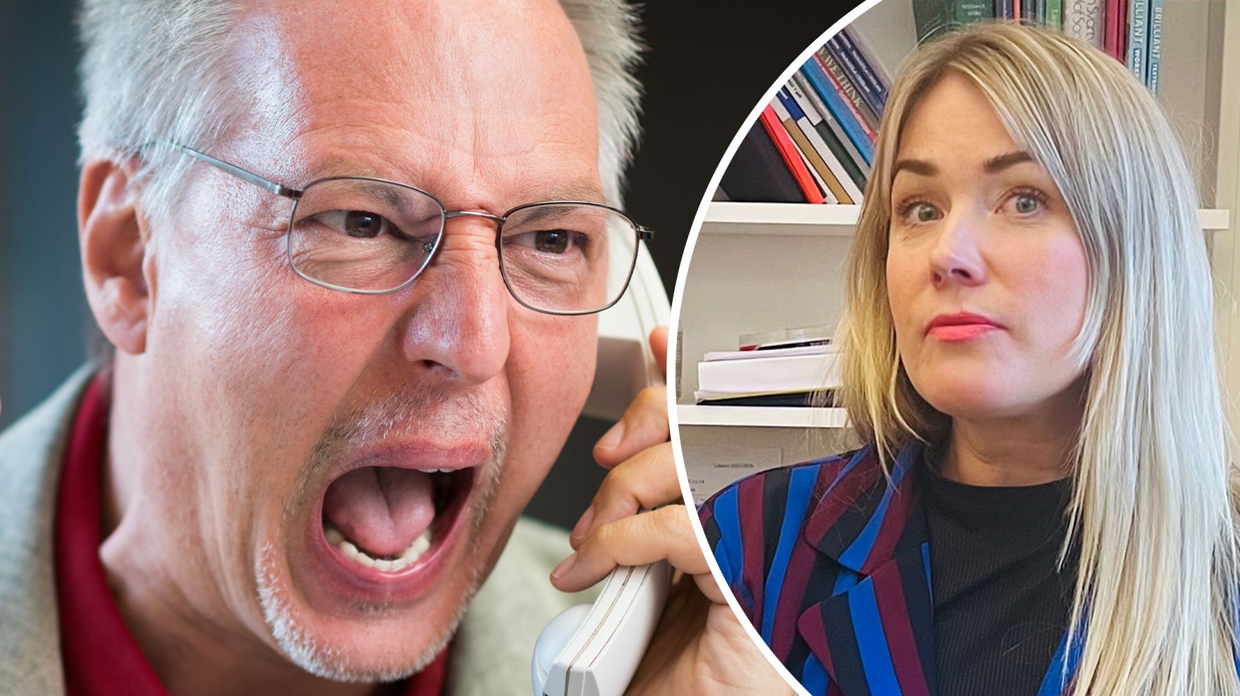En genrebild av en man i glasögon som skriker in i en telefonlur, och en rund infälld bild av Ulrica Björkblom Agah till höger