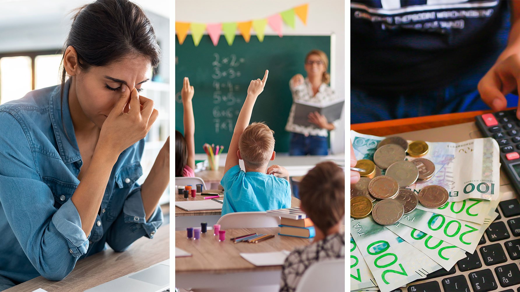 En tredelad bild där den första tredjedelen består av en kvinna som tar sig för pannan, mittenbilden av en lektion med elever som räcker upp handen, och bilddelen till höger en hand som räknar svenska sedlar och mynt