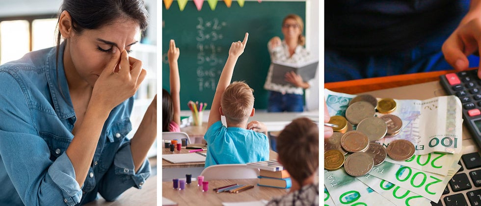 En tredelad bild där den första tredjedelen består av en kvinna som tar sig för pannan, mittenbilden av en lektion med elever som räcker upp handen, och bilddelen till höger en hand som räknar svenska sedlar och mynt