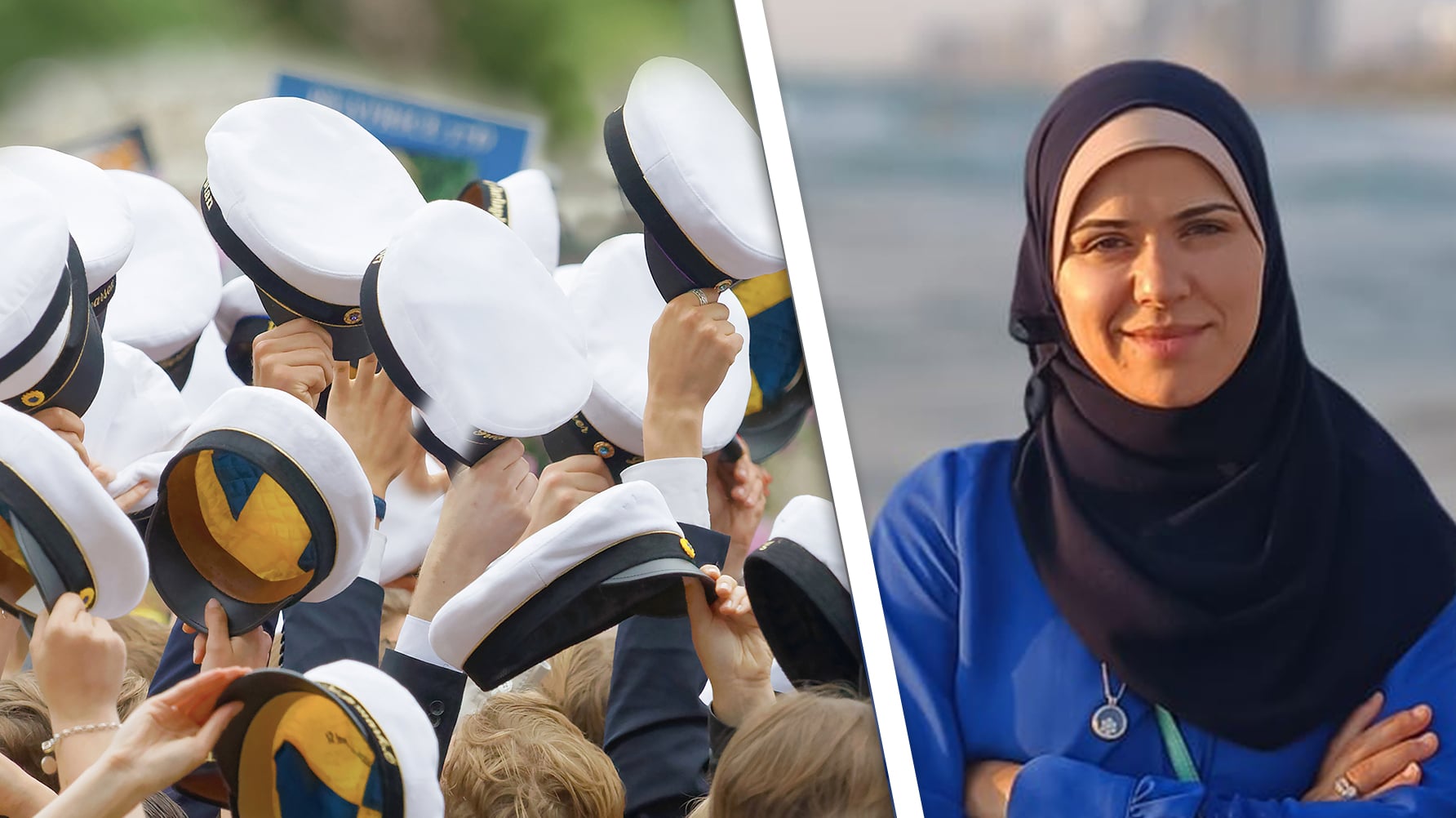 Till vänster en genrebild av studentmössor som höjs i luften, till höger ett porträtt av Tasnim Kafri