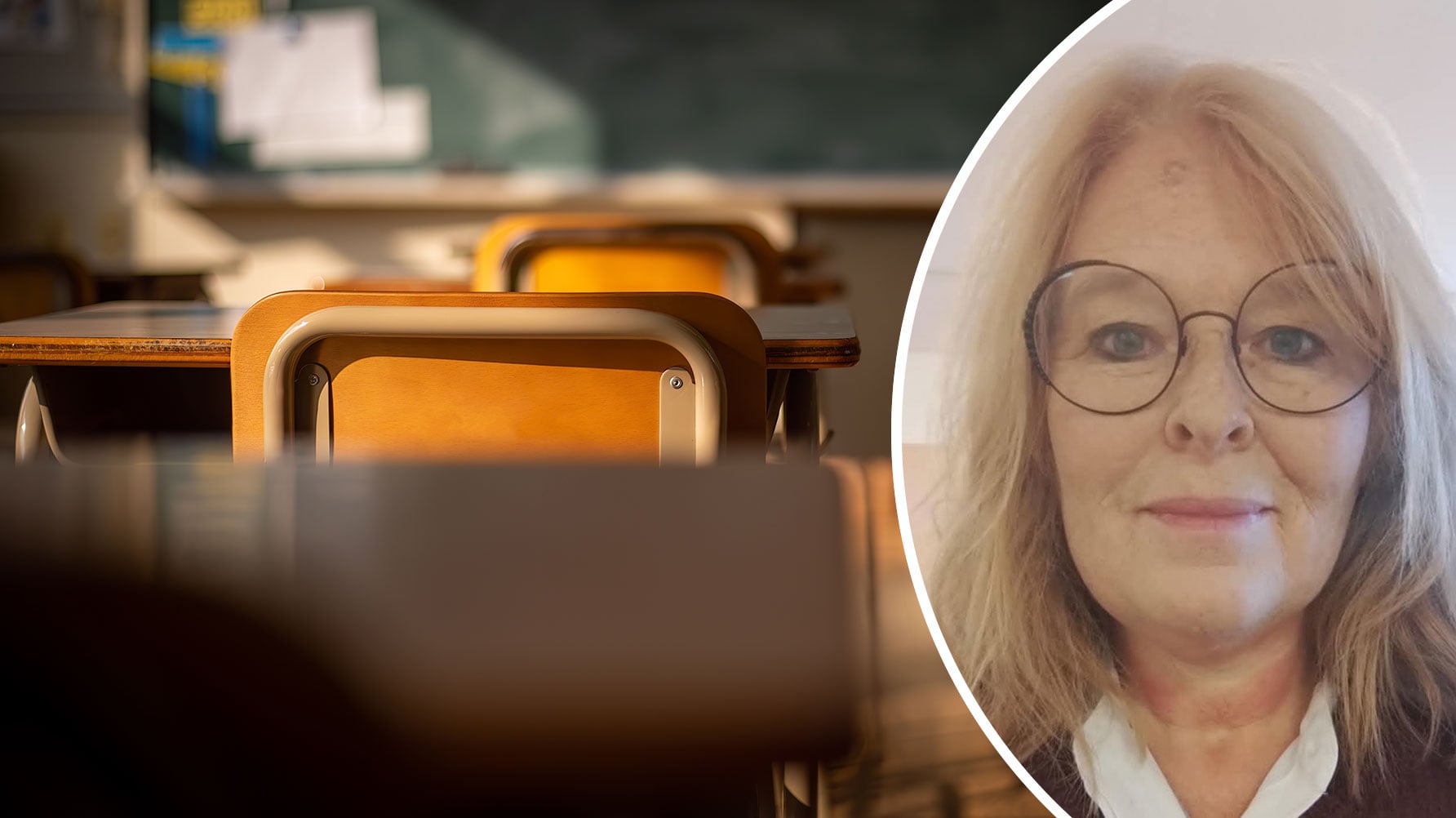 En genrebild från ett tomt klassrum med bänkar i rad, till höger ett infällt porträtt av Susan Sall i rundad ram