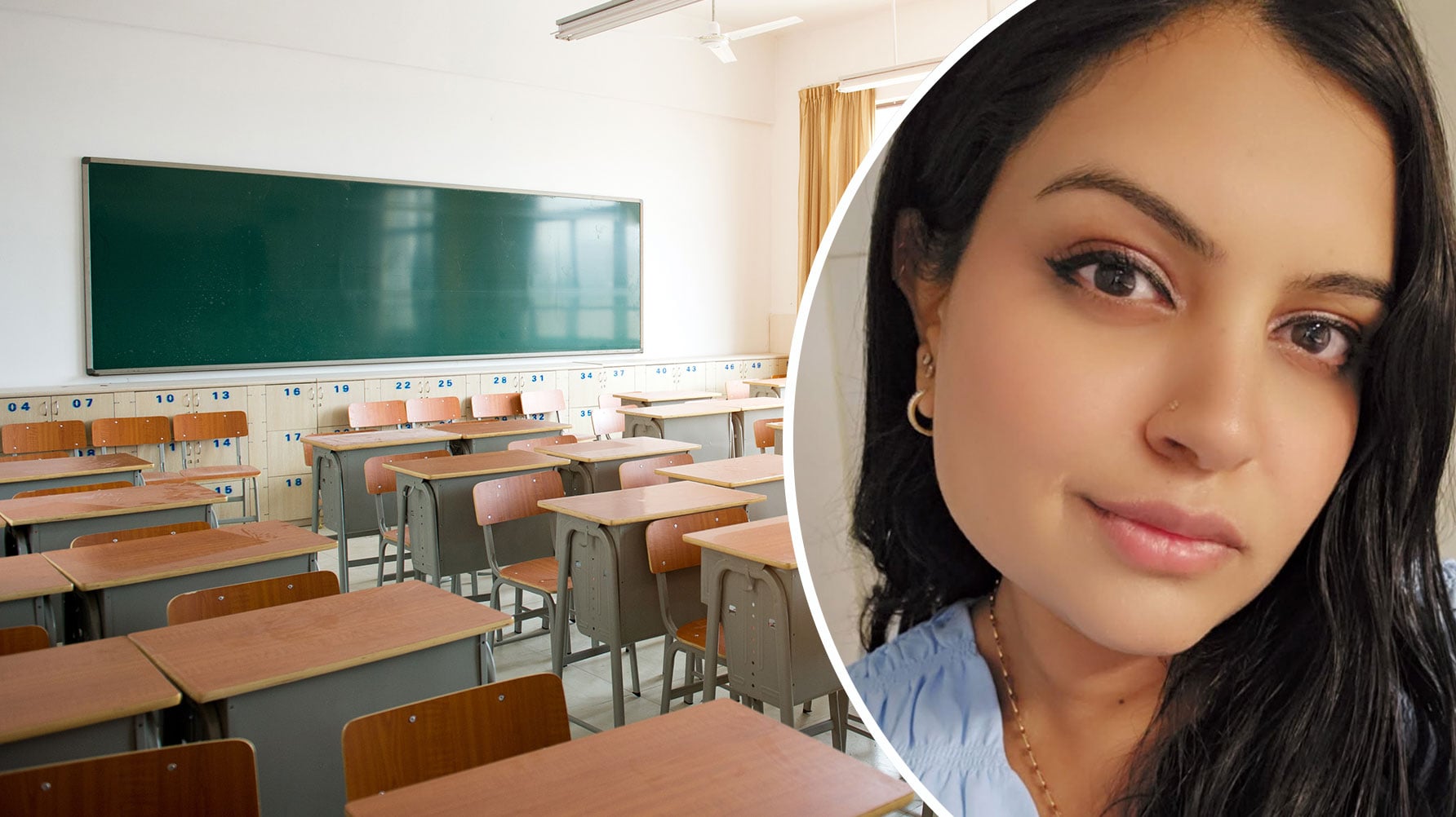 En genrebild av ett tomt klassrum, till höger ett infällt porträtt av Anisha Sanghvi