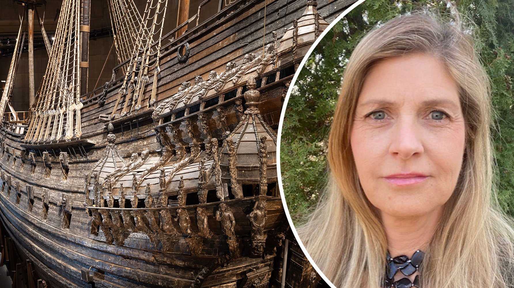 Ett fotografi av Vasa-skeppet, och ett porträtt av Elisabeth Sandstedt infällt i en rund ram i bildens högra sida