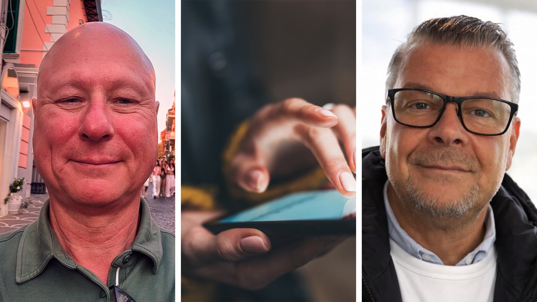 En tredelad bild, till vänster ett porträtt av Tobias Härnvi, i mitten en genrebild av händer som håller en mobiltelefon med lysande skärm, till höger ett porträtt av Johan Österberg